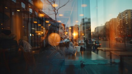 Woman sitting with a coffee cup on the table and reflection on the window shows a cityscape with the sunset behind the buildings