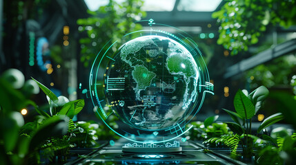 Step into a vision of sustainability and nature intertwined in the business world, as depicted in an AI-generated image showcasing a globe surrounded by eco-friendly business elements 