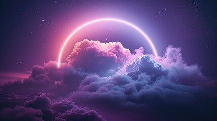 An illustration showcasing a cloud, subtly enhanced by a glowing neon ring in a delicate shade of lavender, set against the inky blackness of the night sky. Generative AI.