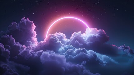 Obraz premium An illustration showcasing a cloud, subtly enhanced by a glowing neon ring in a delicate shade of lavender, set against the inky blackness of the night sky. Generative AI.
