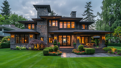  Photo of a modern luxury home in the Pacific Northwest, front view with large windows and lots of glass on all sides, a big flat roof, a large open air patio area with green grass. Created with Ai
