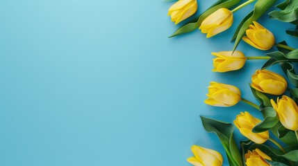 Solid color background, tulips, white space view.