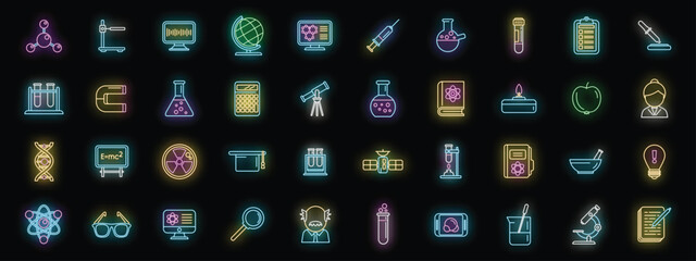 Research scientist icons set outline vector. Lab formula. Medical chemical neon color on black - 787033393
