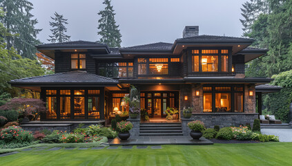 Naklejka premium An elegant and spacious craftsman style home in vancouver, british c_DISCONNECTED front view with lots of windows, dark wood accents. Created with Ai