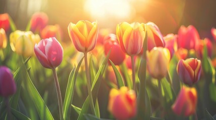 A close-up of tulips blooming in the sunshine.