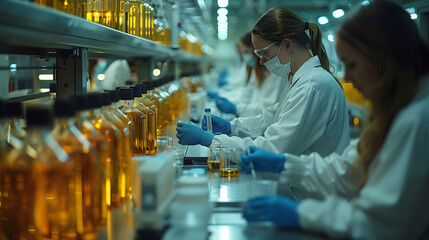 Focused technicians in lab coats conduct meticulous quality control checks on rows of amber bottles in a pharmaceutical laboratory, ensuring the highest standards are met for safety and efficacy. - obrazy, fototapety, plakaty