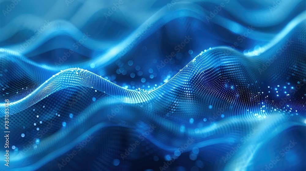 Poster Blue gradient background, perspective, Abstract blue gradient background with blurred light and dark dots. Digital technology creates dynamic curves, waves, circles and ripples. Generative AI.