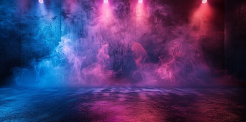 Empty stage with neon multicolored smoke rising from a textured ground, illuminated by light beams piercing through the dark atmosphere.