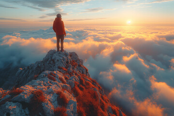 Man on top of a mountain peak. Generative AI