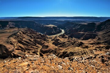 Fish River Canyon - the largest canyon in Africa, in total about 160 kilometres long, up to 27 km wide and in places almost 550 meters deep; formed by river erosion (southern Namibia)