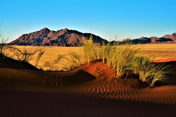 Panorama of the Naukluft Mountains as seen at dusk during the ascent to Elim Dune, a high and...