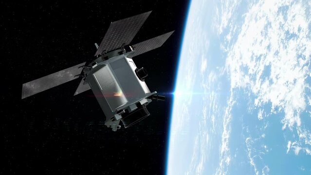 Military Communication Satellite Flying Over Planet Earth. Majestic Scene. Technology And Space Related 3D Animation.