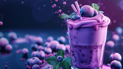 Stylized 3D vector of a blueberry smoothie, scattered blueberries and mint leaves, cool tones, - obrazy, fototapety, plakaty