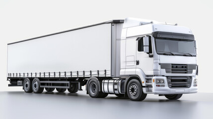 White cargo truck with trailer stands alone on a white background, perfect for showcasing commercial transportation and delivery services