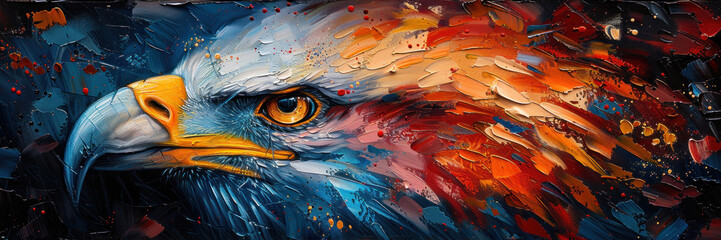 A visually striking painting of an eagle face with vivid, thick brush strokes and abstract forms - obrazy, fototapety, plakaty