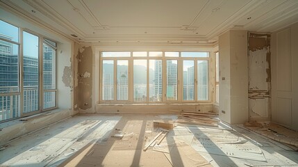 Construction work in a living room, daylight. Generative AI.