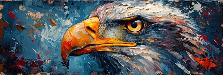 Zoomed in view highlights the piercing eyes and strong beak of an eagle against a dramatically cool colored abstract background - obrazy, fototapety, plakaty