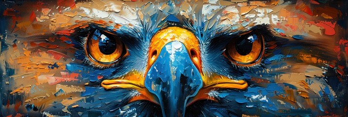 The intense eyes and sharp beak of an eagle dominate this abstract painting, creating a powerful, captivating focal point - obrazy, fototapety, plakaty