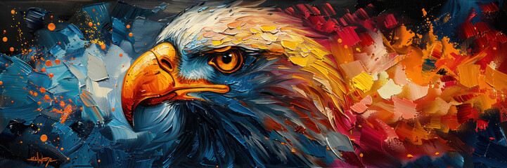 A captivating depiction of an eagle, painted with rich blue and red accents that add dramatic contrast and depth