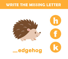 Write the missing letter. Worksheet for kids. Find missing letter worksheet for children.	