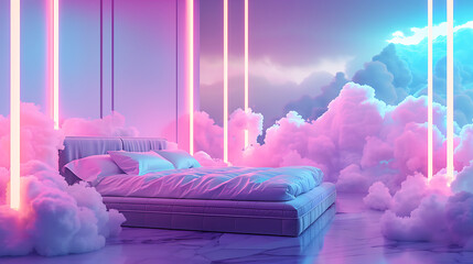 3D render of a bed in a room full of fluffy clouds, with a dreamy atmosphere, neon lights, volumetric lighting, and colorful effects.
