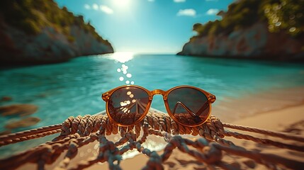 sunglasses laid on a hammock swaying gently in the ocean breeze, overlooking the turquoise waters...