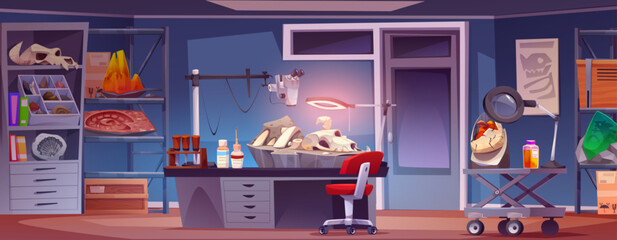 Archeology lab interior with fossils. Vector cartoon illustration of laboratory room with stone and prehistoric animal bones on desk under microscope and lamp, folders on shelf, paleontology science - obrazy, fototapety, plakaty