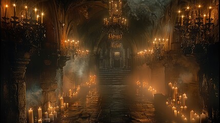 A dark castle tunnel with dark wall candlesticks on both sides of the tunnel, complex patterns of candle holders with multiple candles inserted in them. Generative AI.