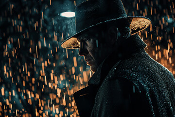 Generative AI image of man in trench coat and fedora standing at night rainy city - obrazy, fototapety, plakaty