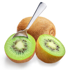 Kiwi fruits and spoon scooping out juicy flesh isolated on white background.