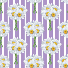 Seamless pattern of watercolour chamomile flowers bouquet. Hand drawn illustration. Botanical hand painted floral elements on striped lilac background. For print decoration, fabric, wrapping.