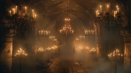 A dark castle tunnel with dark wall candlesticks on both sides of the tunnel, complex patterns of...