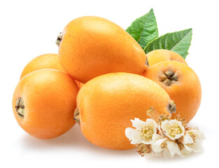Ripe perfect loquat fruits with green leaves isolated on white background.
