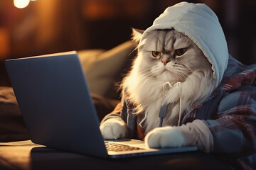 Generative AI image of funny animal looking at the laptop computer screen cozy flat