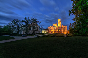 Night Chateau Hluboka nad Vltavou - a neo-Gothic jewel in South Bohemia - the chateau is located...