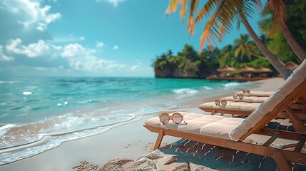 the relaxation of beachside lounging with sunglasses arranged on a reclining beach chair, surrounded by swaying palm trees and the rhythmic crash of waves against the shore