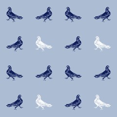 Abstract silhouette of a dove bird in dark blue and white in a simple seamless pattern on a gray background.Modern stylish abstract texture. For printing, fabric, towels, wrapping paper, wallpaper.