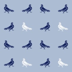 Abstract silhouette of a dove bird in dark blue and white in a simple seamless pattern on a gray background.Modern stylish abstract texture. For printing, fabric, towels, wrapping paper, wallpaper.