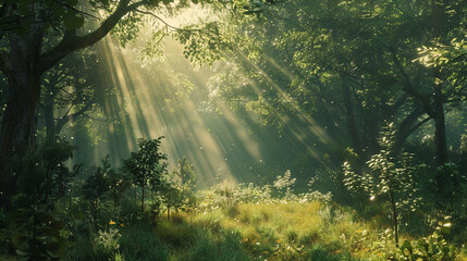 Step into a world of natural wonder with an AI-generated image capturing sun rays piercing through the lush forest