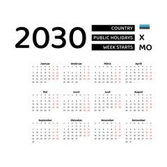 Calendar 2030 Estonian language with Estonia public holidays. Week starts from Monday. Graphic design vector illustration.