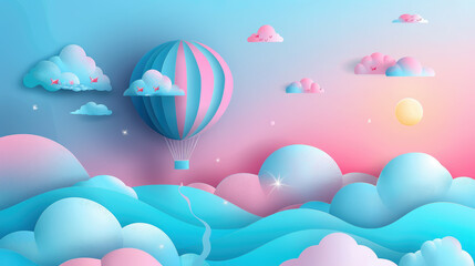 magic hot air balloon in the sky, clouds, art, illustration, drawing, wallpaper, background, design, pink, blue, fish, flight, fantasy, dream, transport, travel, fly