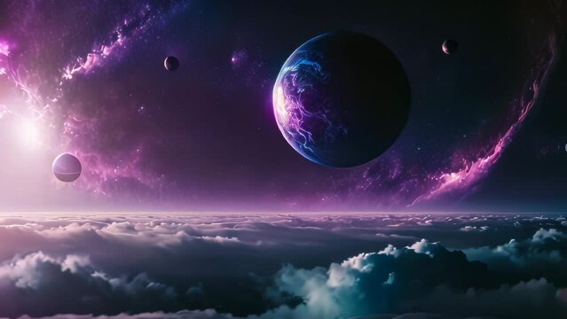 Video animation of stunning cosmic scene with three celestial bodies that resemble planets or moons