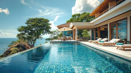 A pool and villa resort or beach house. sun loungers on Sunbathing deck and private swimming pool with sea view at luxury villa resort. Generative AI.
