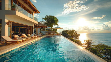 A pool and villa resort or beach house. sun loungers on Sunbathing deck and private swimming pool with sea view at luxury villa resort. Generative AI.