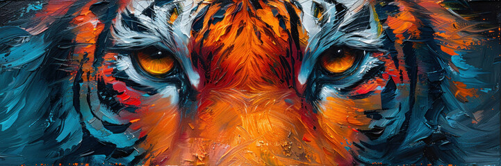The artwork showcases an orange and blue tiger face merging art and wild spirit in abstract oil painting strokes - obrazy, fototapety, plakaty