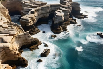Aerial view of waves over rock formation in the sea, Jisr az-Zarq, Israel. Generative AI - Powered by Adobe