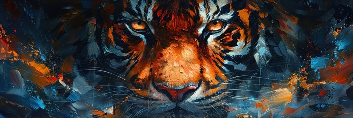 A wild tiger's intense glare is masterfully portrayed within vibrant splashes and strokes of abstract colors - obrazy, fototapety, plakaty