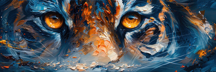 This oil painting showcases a tiger's gaze with piercing blue eyes and a sea of swirling blue hues enveloping it - obrazy, fototapety, plakaty