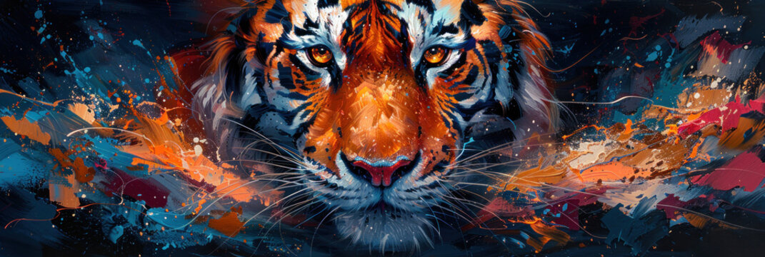 An arresting image of a tiger emerging from a chaos of colorful abstract paint strokes, symbolizing power