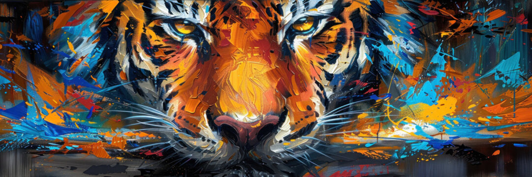 A tiger face comes alive with expressive brushwork, blending warm and cool tones to convey a sense of power